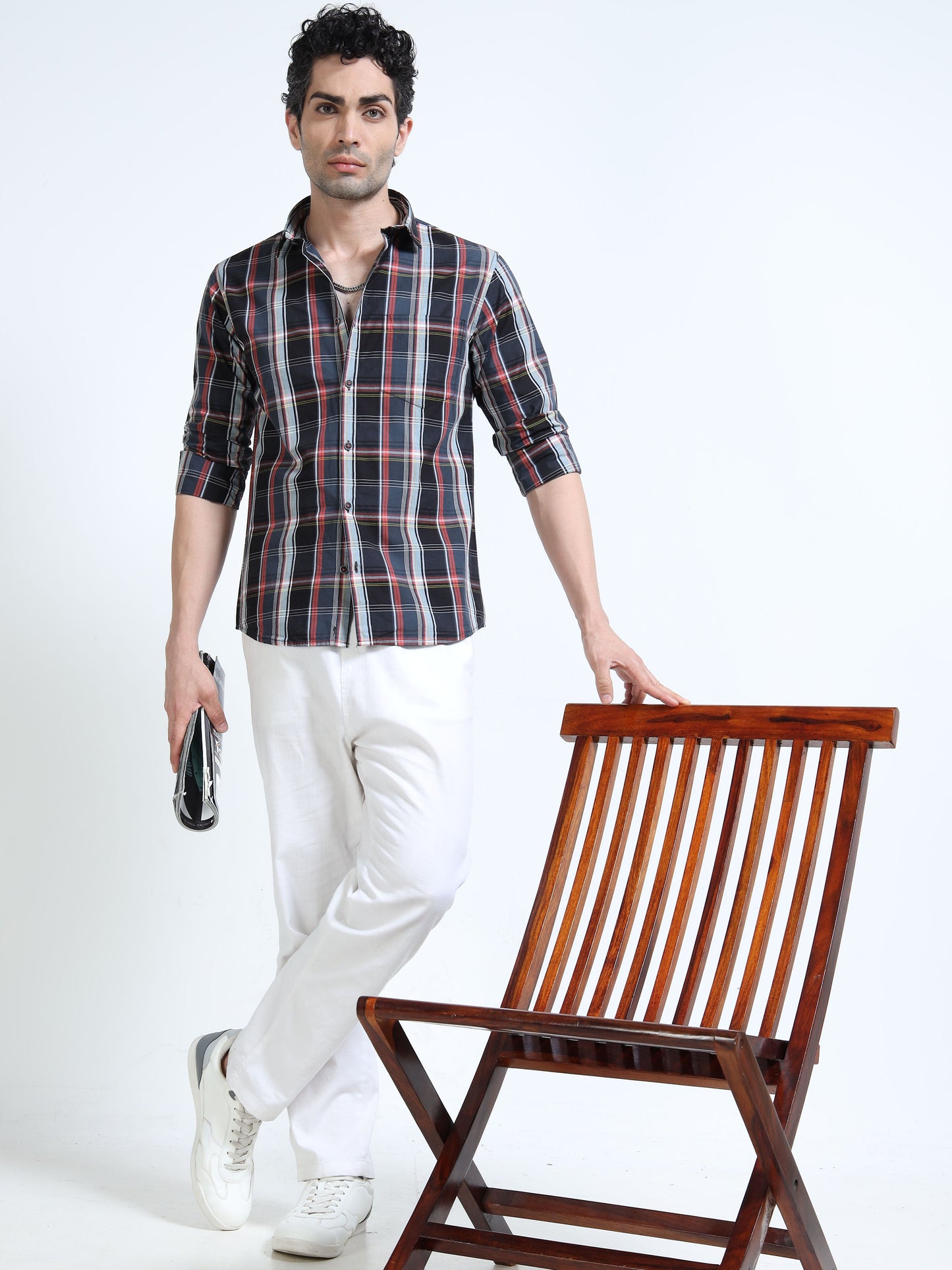 Men’s Black & Red Check Cotton Linen Shirt