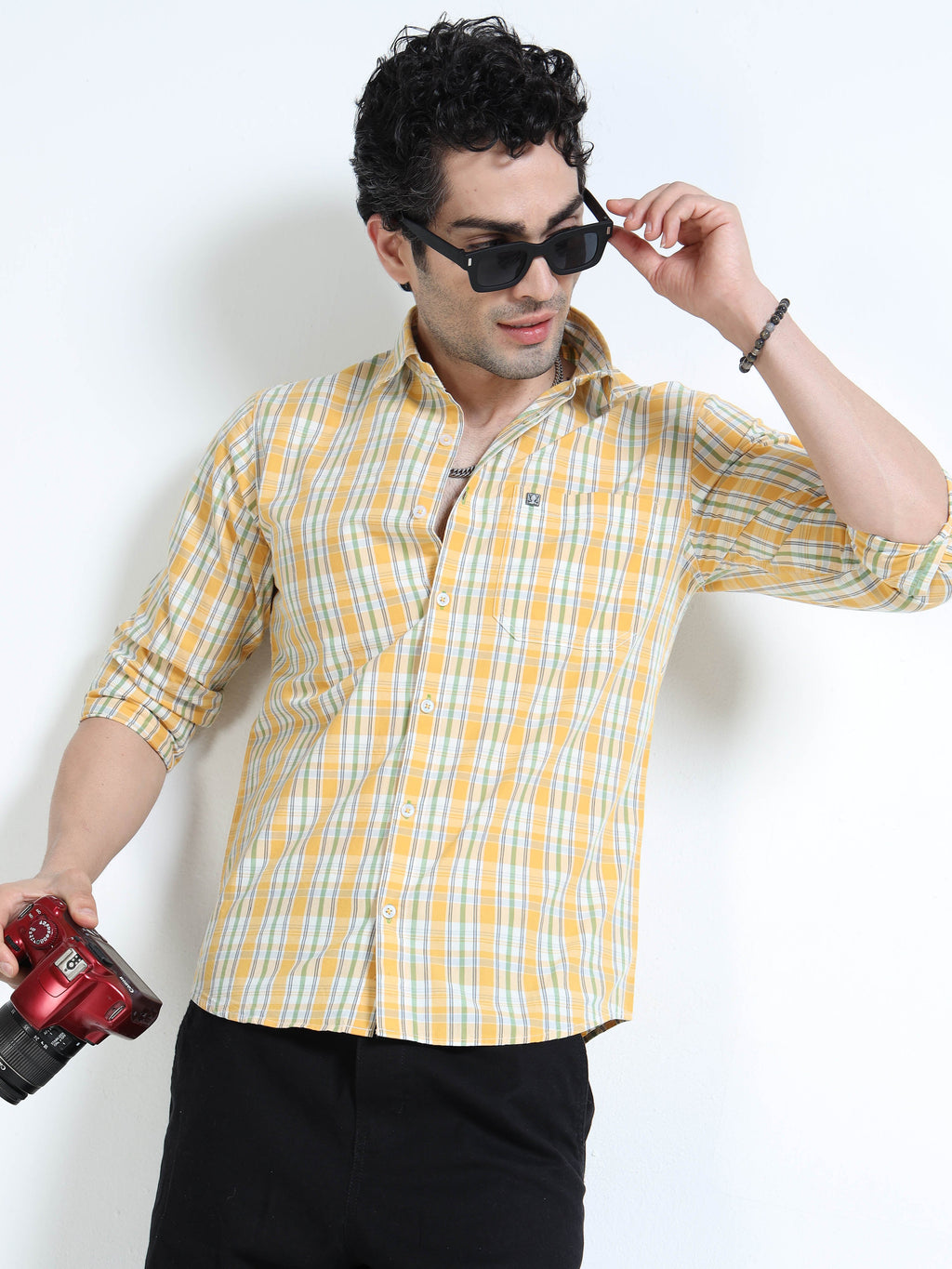 Men’s Yellow & White Multi-Check Cotton Linen Shirt