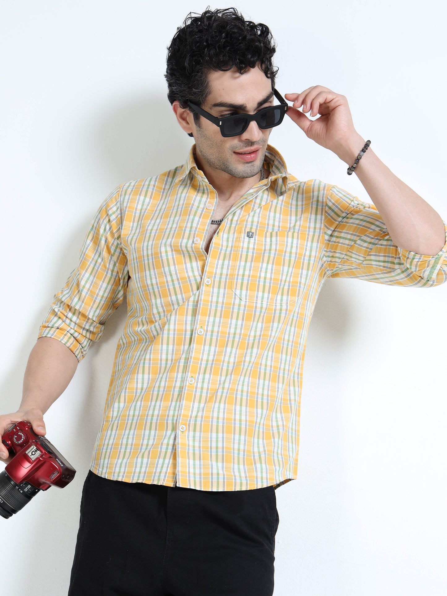 Men’s Yellow & White Multi-Check Cotton Linen Shirt