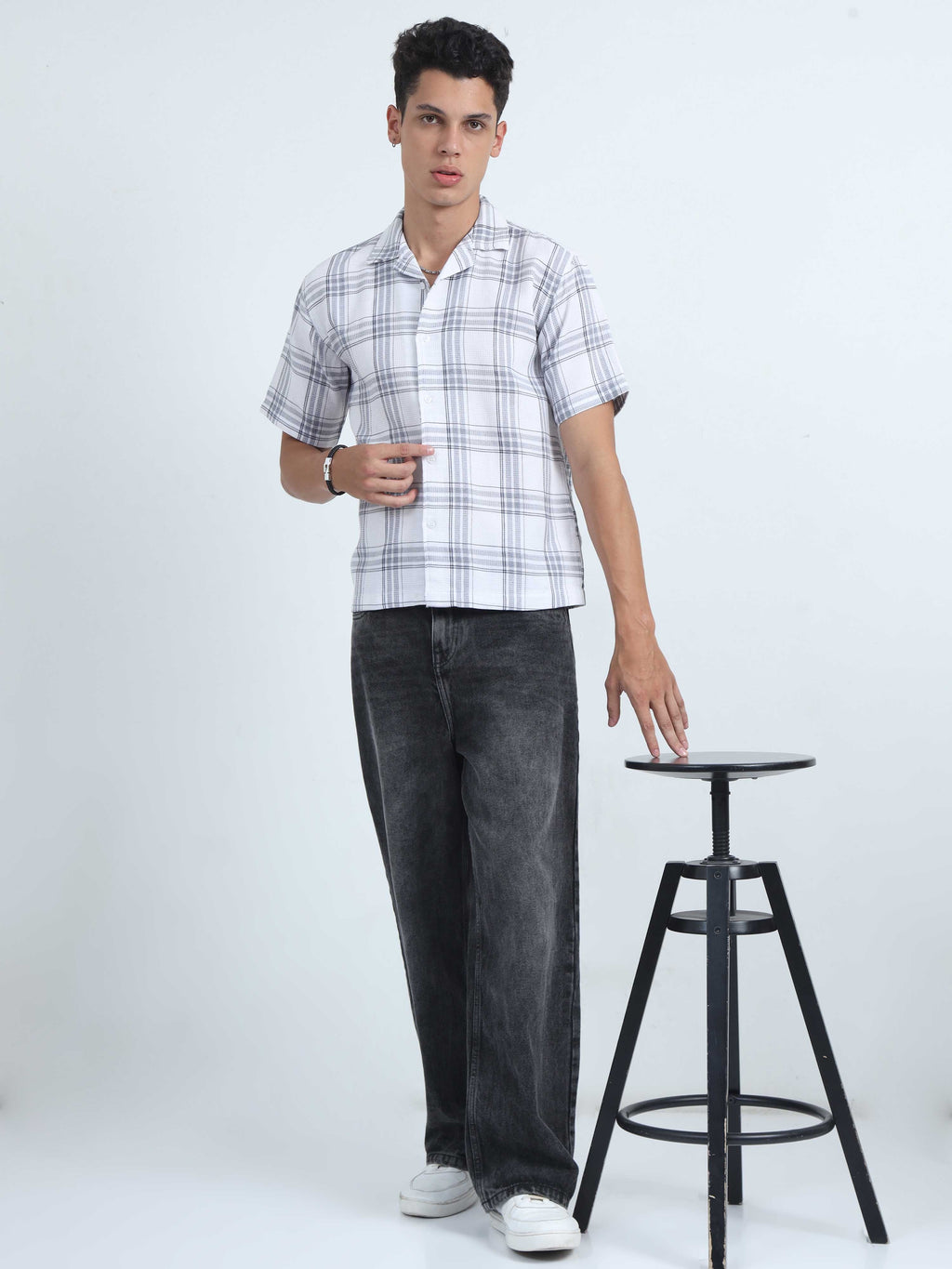 Men Checks Jacquard Oversized Shirt-White