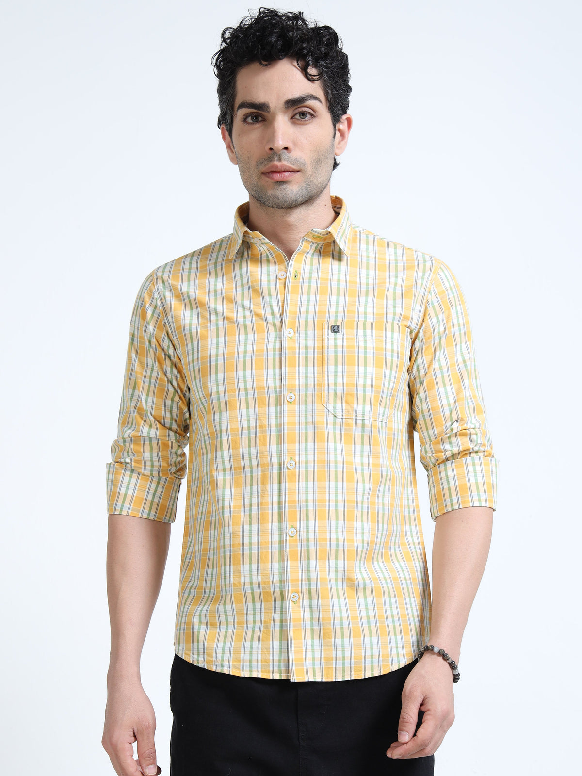 Men’s Yellow & White Multi-Check Cotton Linen Shirt
