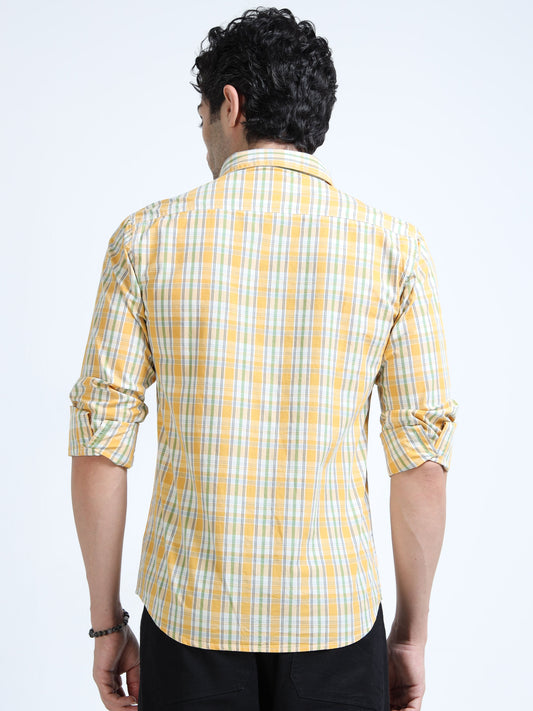 Men’s Yellow & White Multi-Check Cotton Linen Shirt