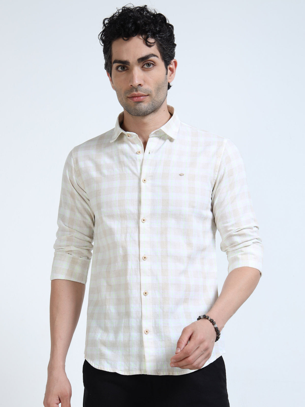 Men’s Cream & Pastel Multi-Check Cotton Linen Shirt