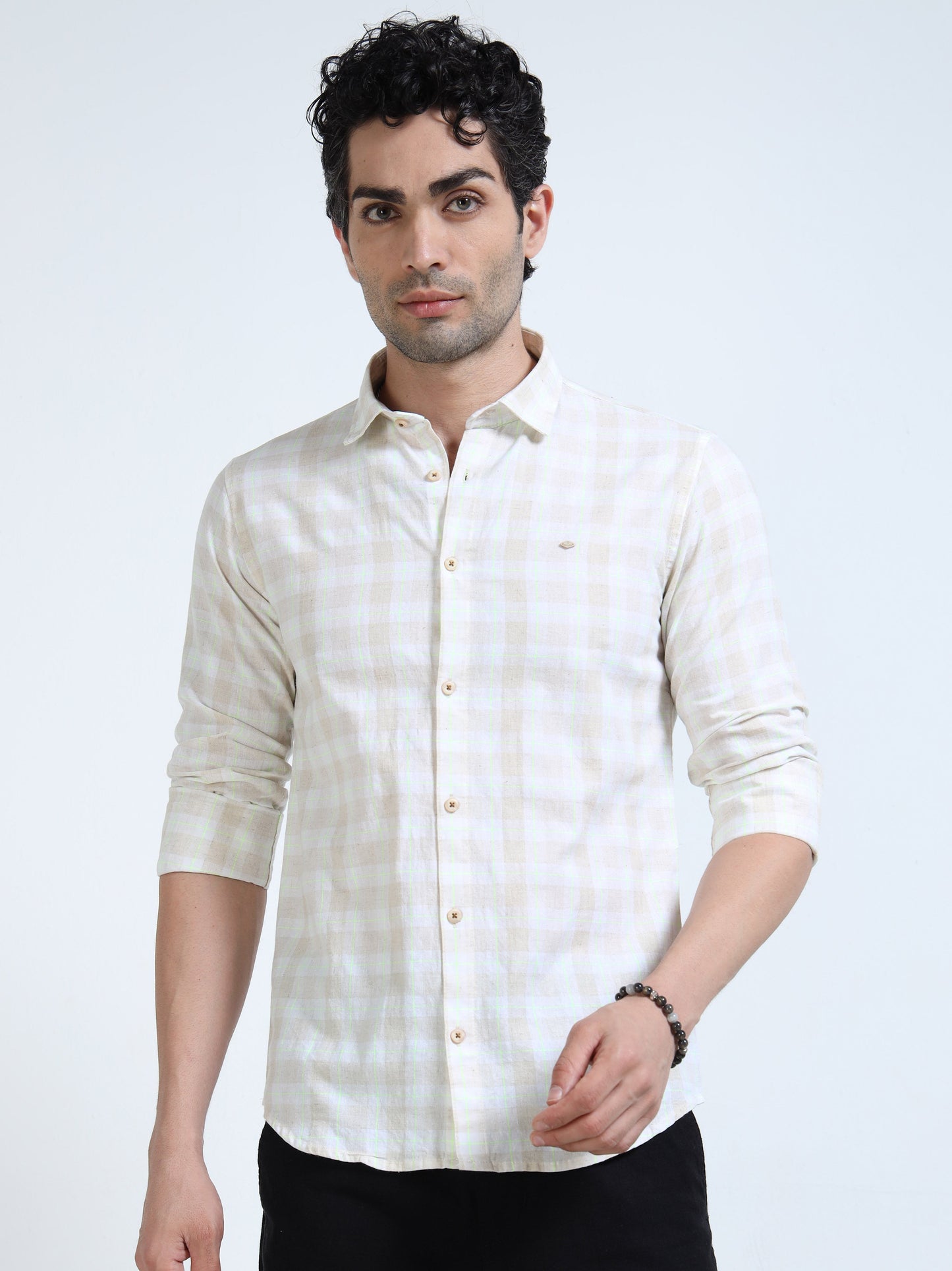 Men’s Cream & Pastel Multi-Check Cotton Linen Shirt