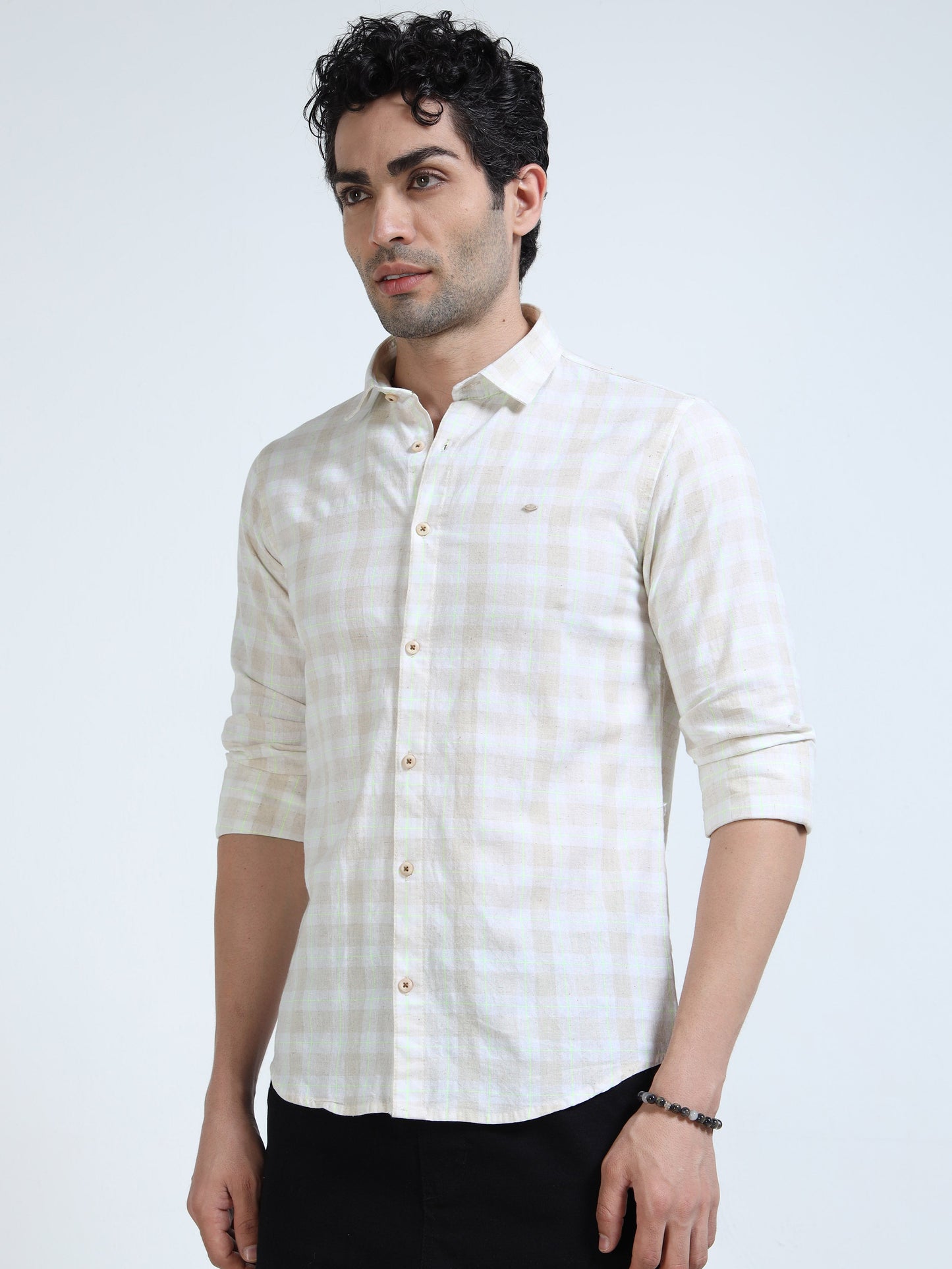 Men’s Cream & Pastel Multi-Check Cotton Linen Shirt