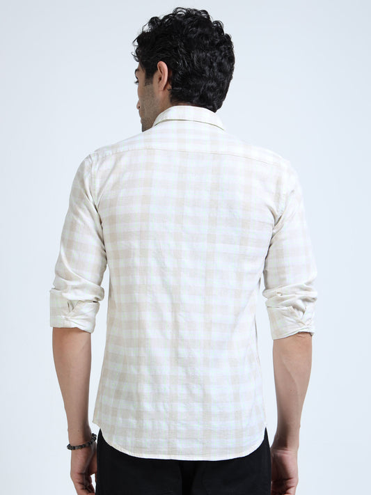 Men’s Cream & Pastel Multi-Check Cotton Linen Shirt