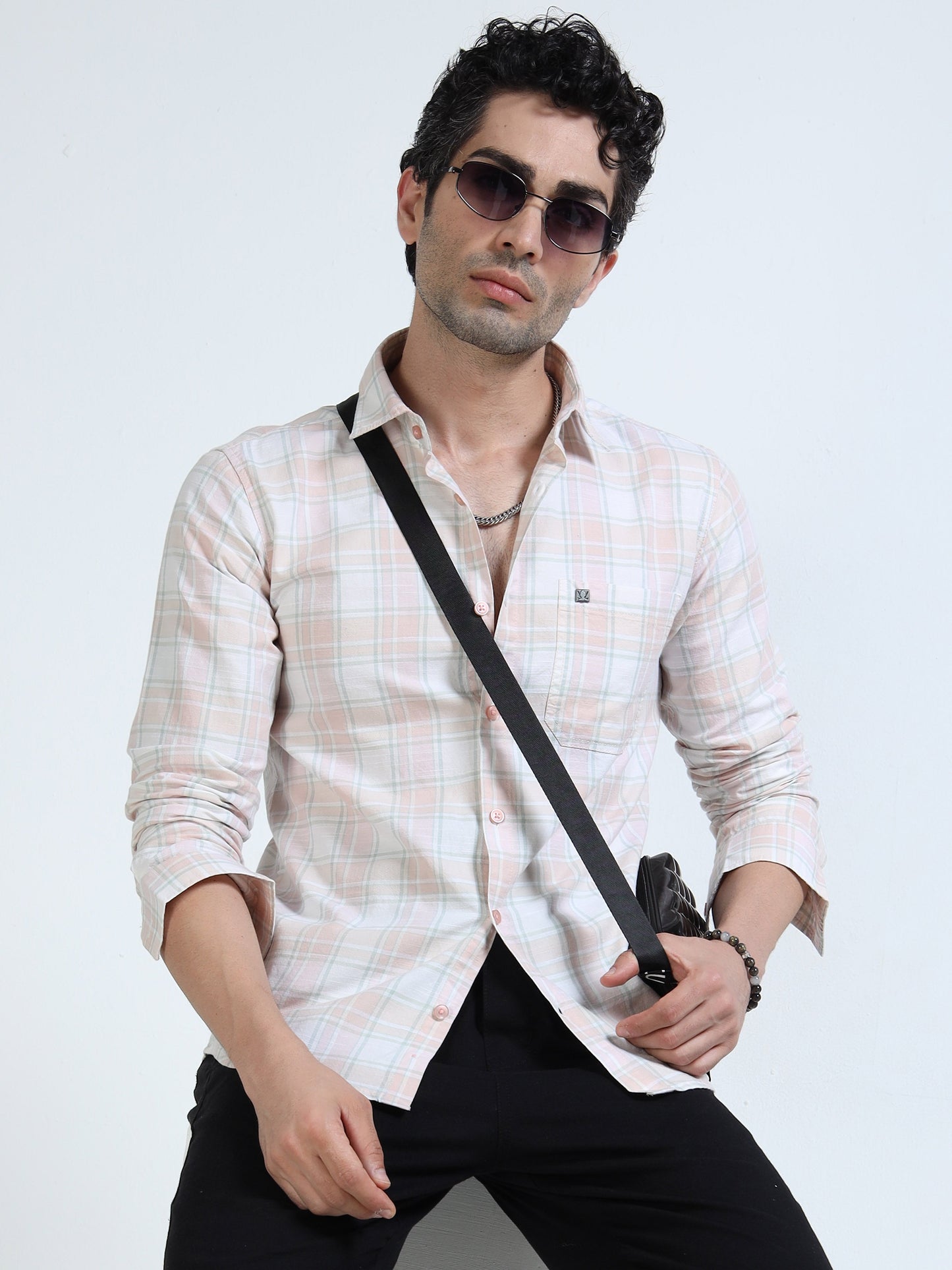 Men’s Peach & White Subtle Check Cotton Linen Shirt
