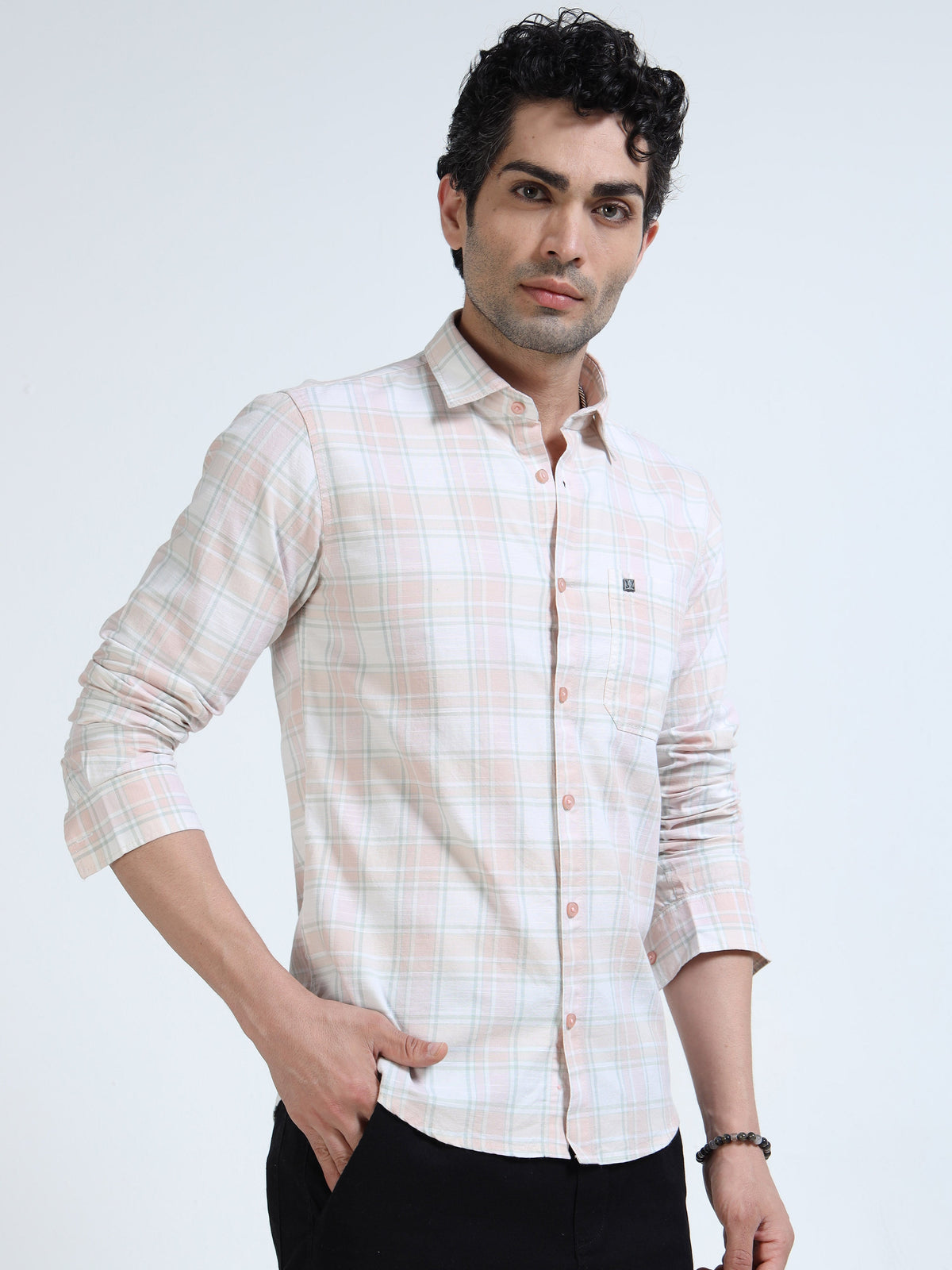 Men’s Peach & White Subtle Check Cotton Linen Shirt