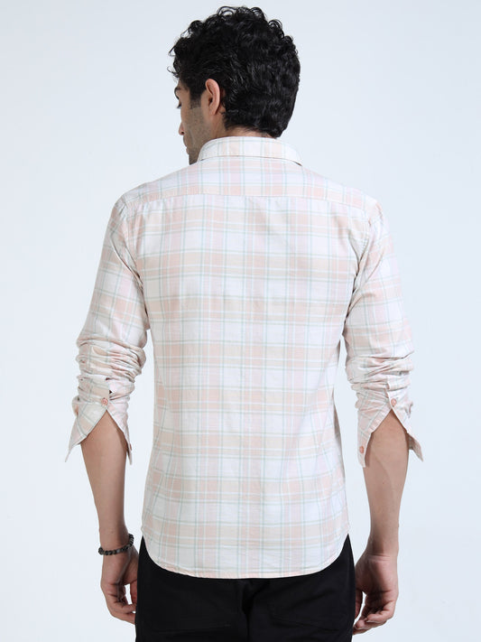 Men’s Peach & White Subtle Check Cotton Linen Shirt
