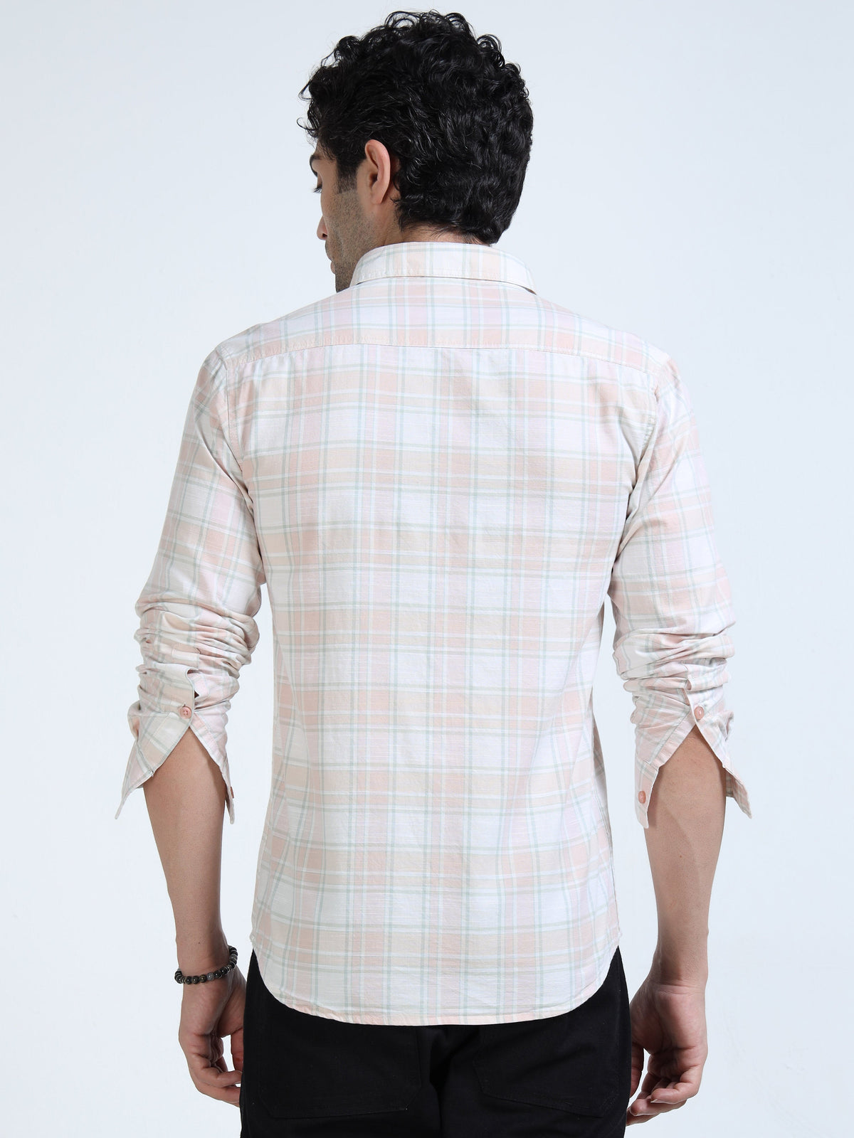 Men’s Peach & White Subtle Check Cotton Linen Shirt