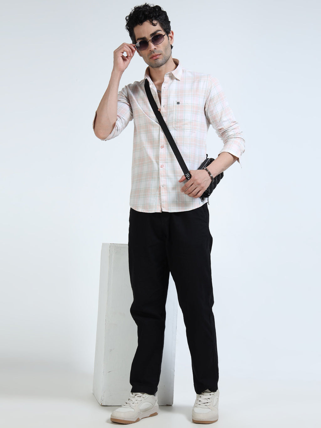 Men’s Peach & White Subtle Check Cotton Linen Shirt