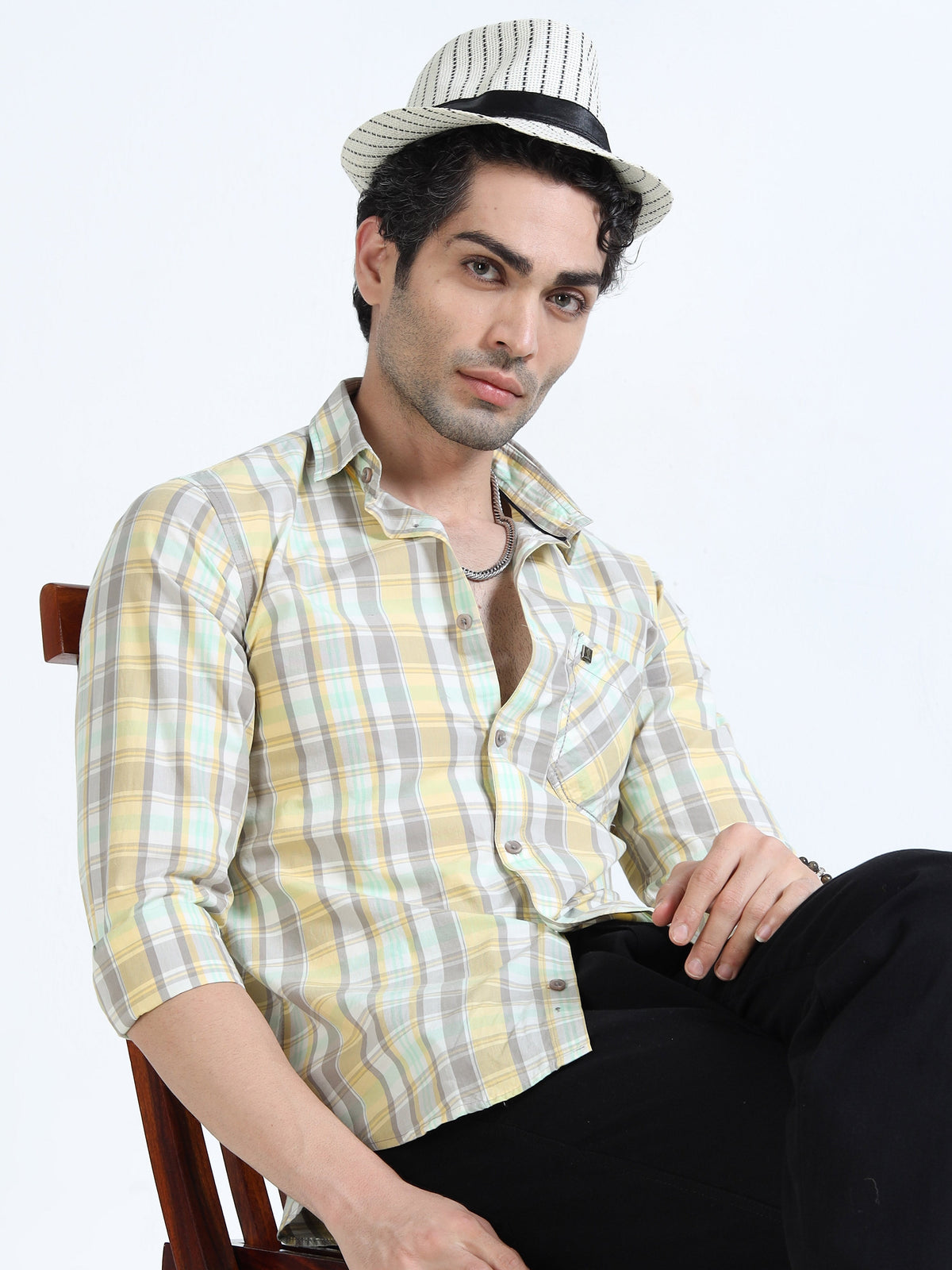 Men’s Yellow & Mint Multi-Check Cotton Linen Shirt