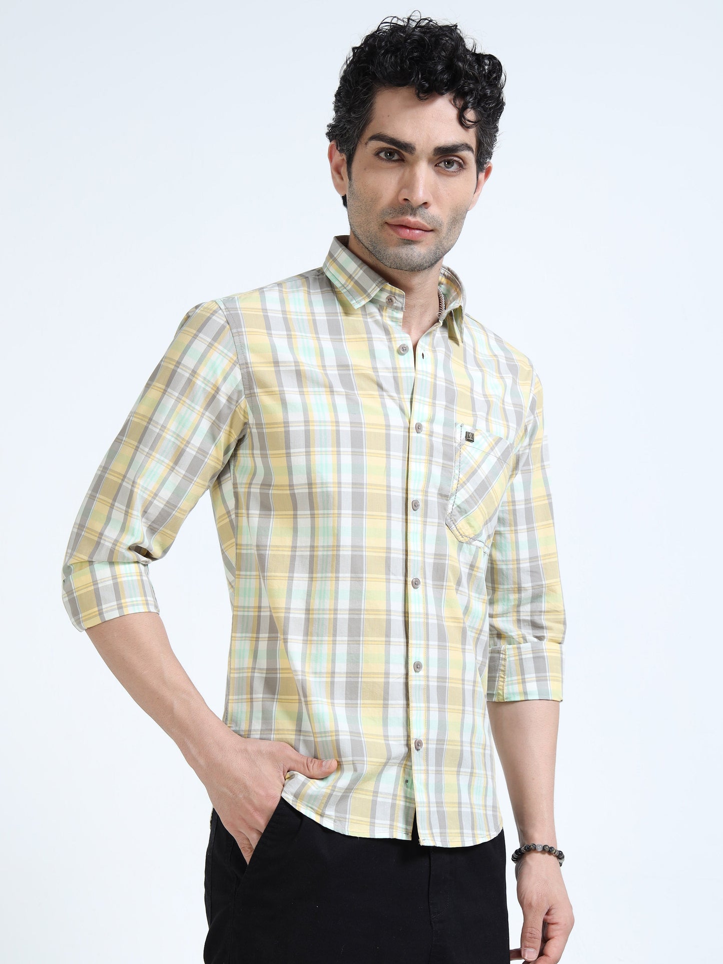 Men’s Yellow & Mint Multi-Check Cotton Linen Shirt