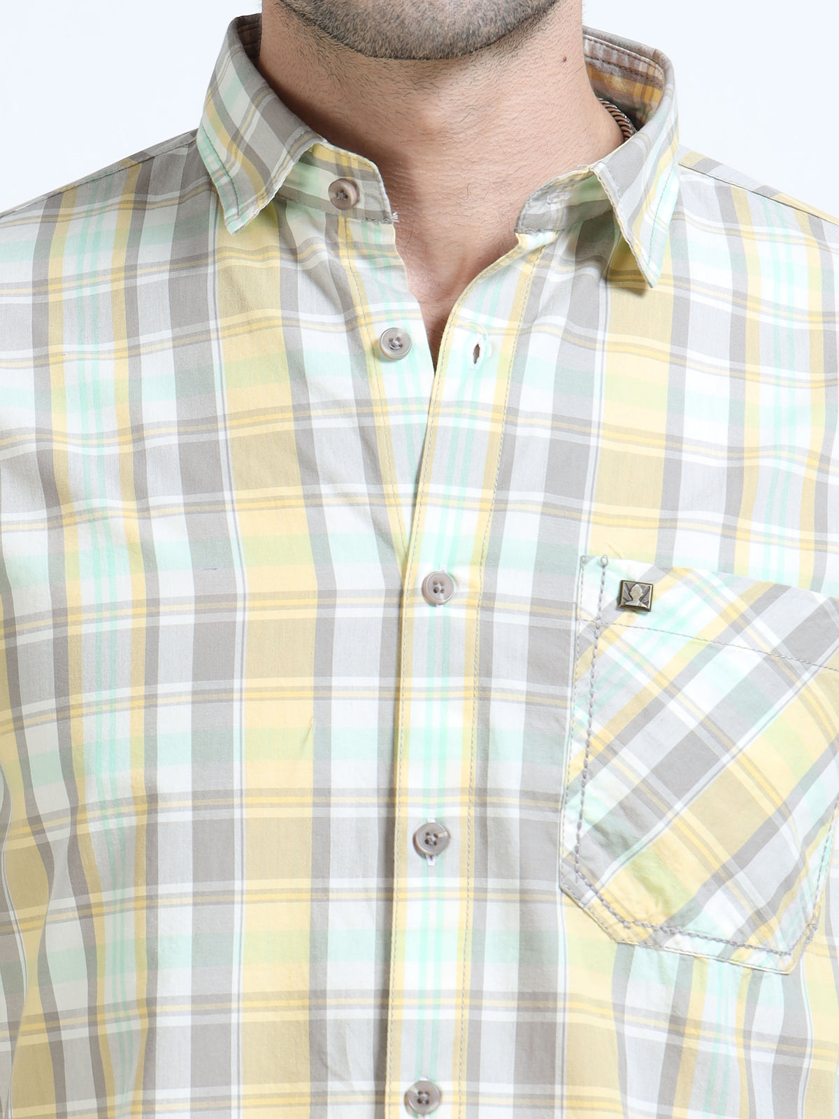 Men’s Yellow & Mint Multi-Check Cotton Linen Shirt