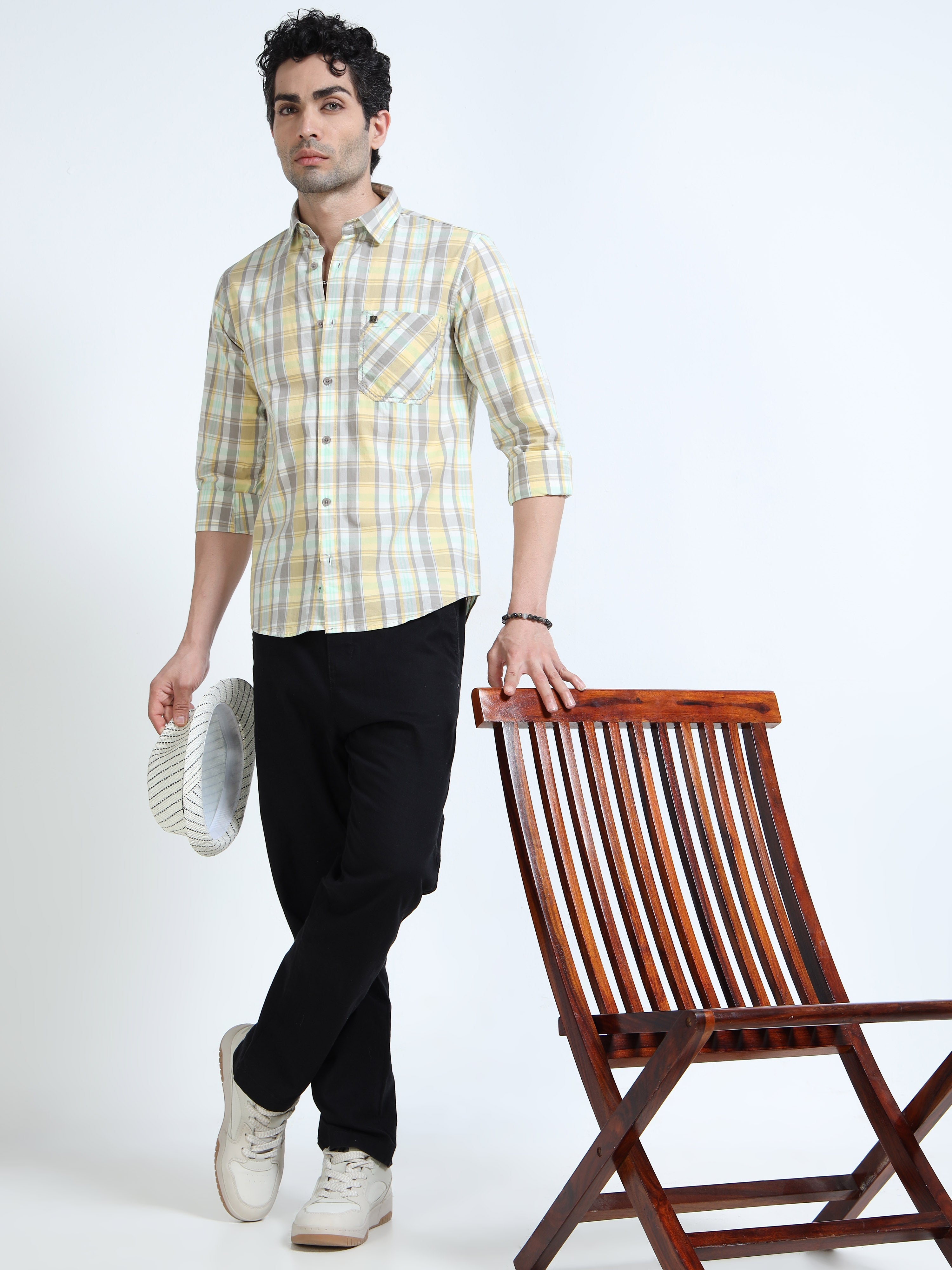 Men’s Yellow & Mint Multi-Check Cotton Linen Shirt