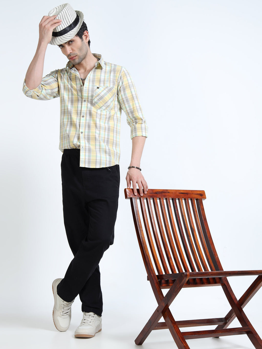 Men’s Yellow & Mint Multi-Check Cotton Linen Shirt