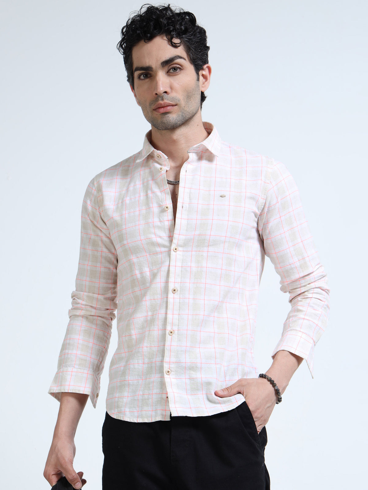 Men’s Blush Pink & White Check Cotton Linen Shirt