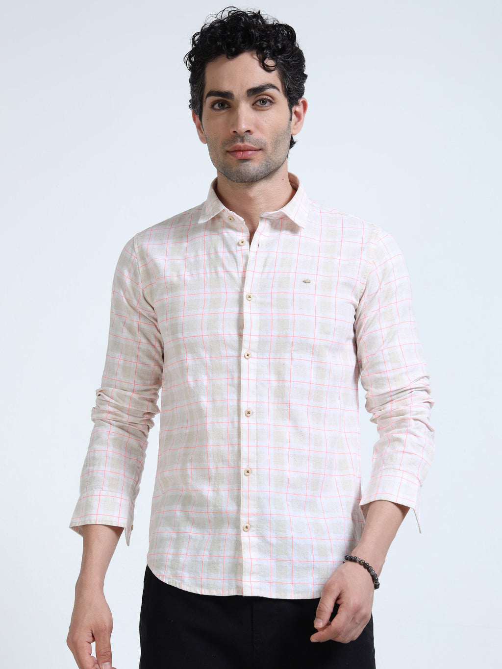 Men’s Blush Pink & White Check Cotton Linen Shirt
