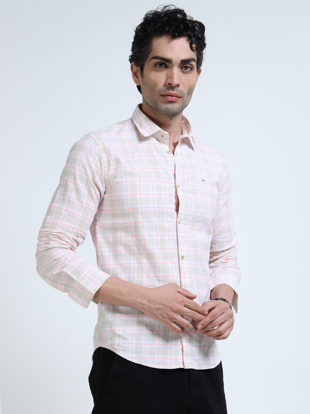 Men’s Blush Pink & White Check Cotton Linen Shirt