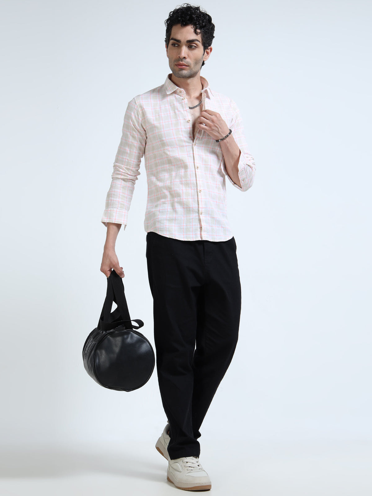 Men’s Blush Pink & White Check Cotton Linen Shirt
