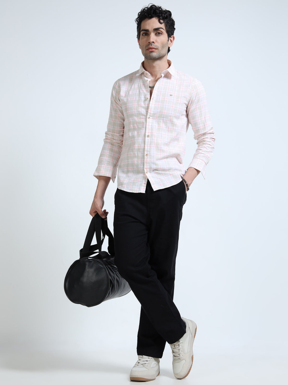 Men’s Blush Pink & White Check Cotton Linen Shirt