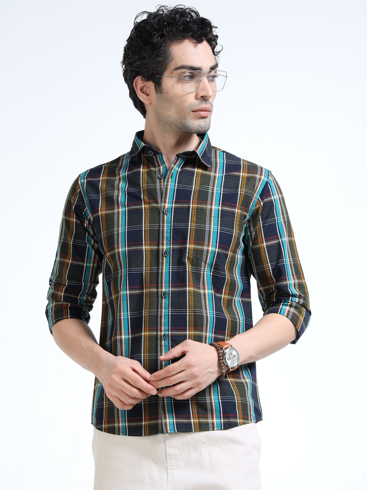 Men’s Navy Blue & Mustard Multi-Check Cotton Linen Shirt