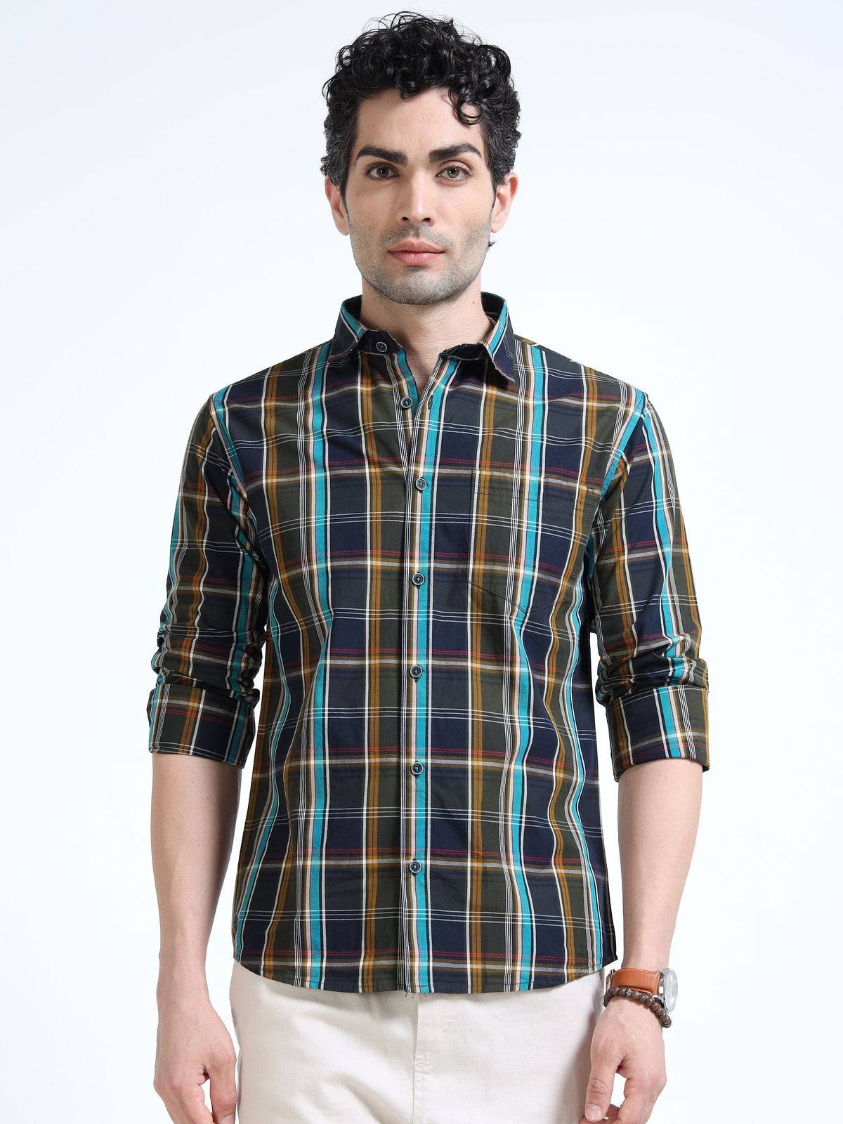 Men’s Navy Blue & Mustard Multi-Check Cotton Linen Shirt
