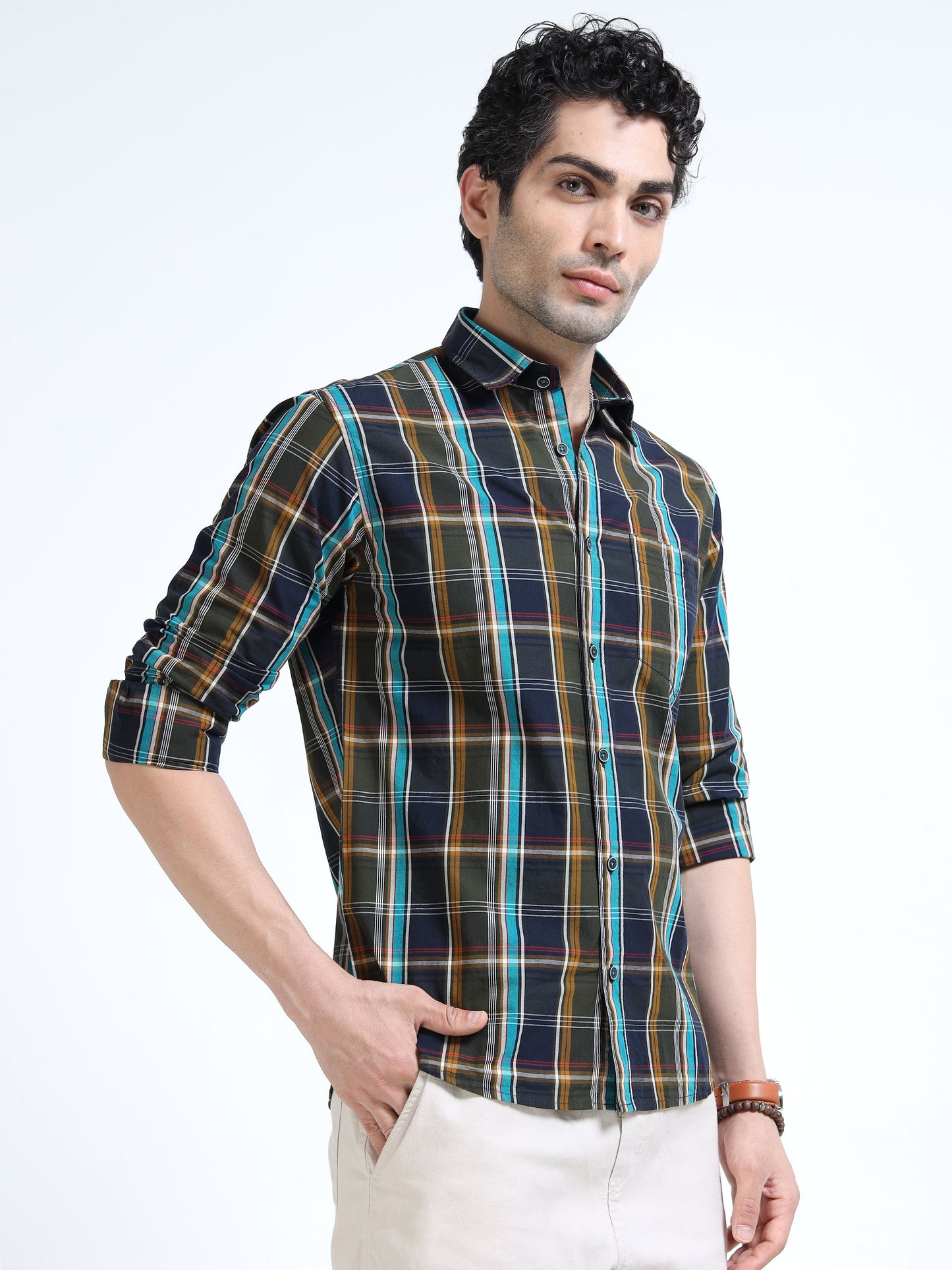 Men’s Navy Blue & Mustard Multi-Check Cotton Linen Shirt