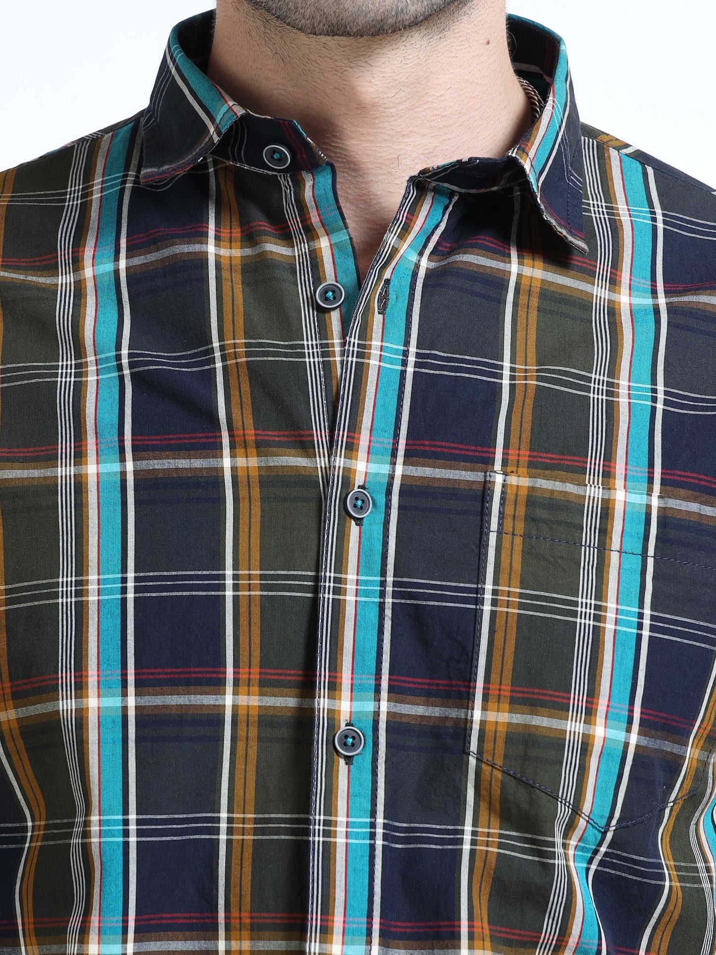 Men’s Navy Blue & Mustard Multi-Check Cotton Linen Shirt