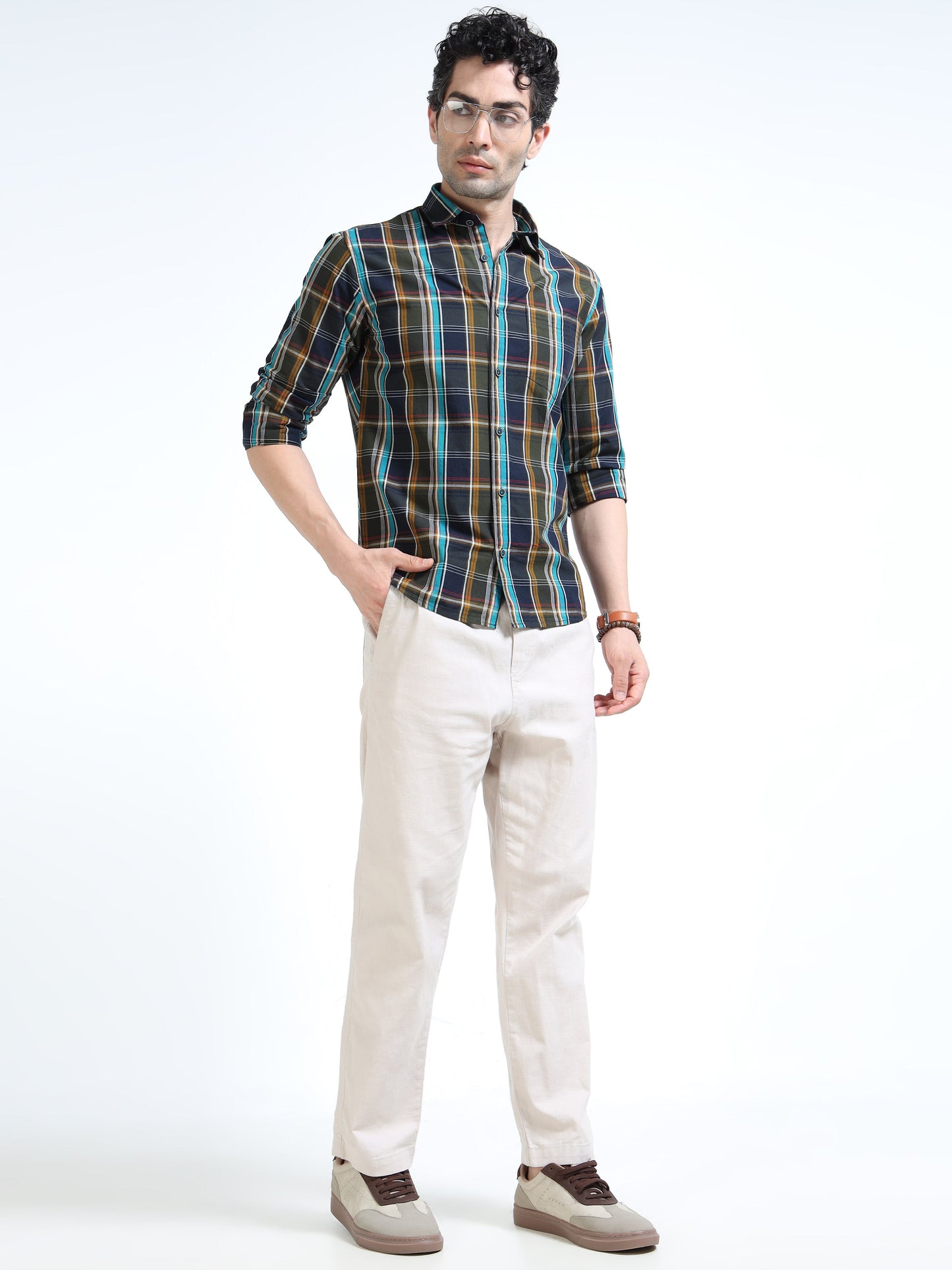 Men’s Navy Blue & Mustard Multi-Check Cotton Linen Shirt