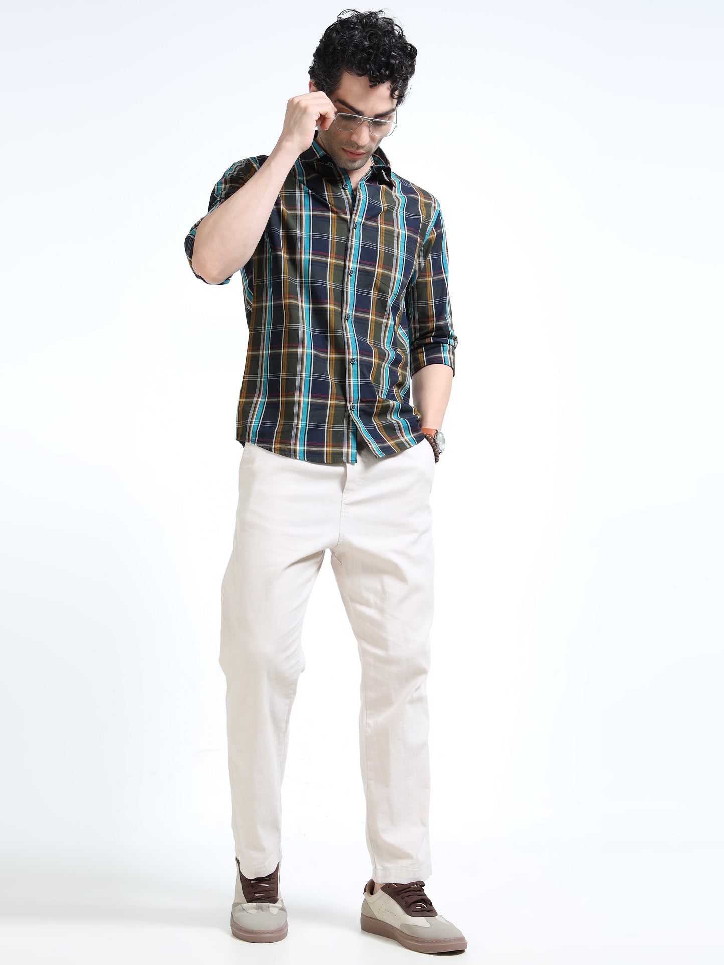 Men’s Navy Blue & Mustard Multi-Check Cotton Linen Shirt