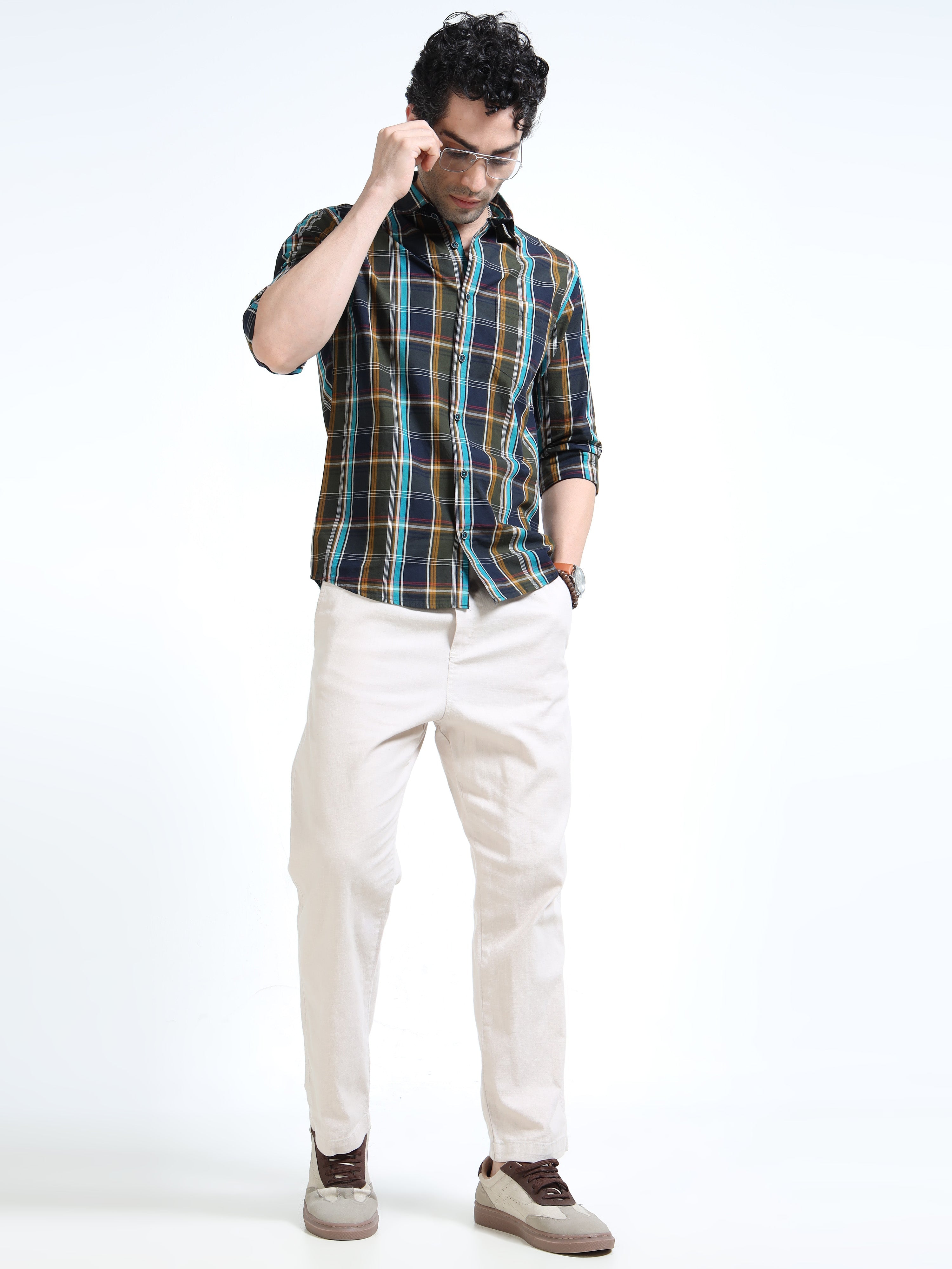 Men’s Navy Blue & Mustard Multi-Check Cotton Linen Shirt