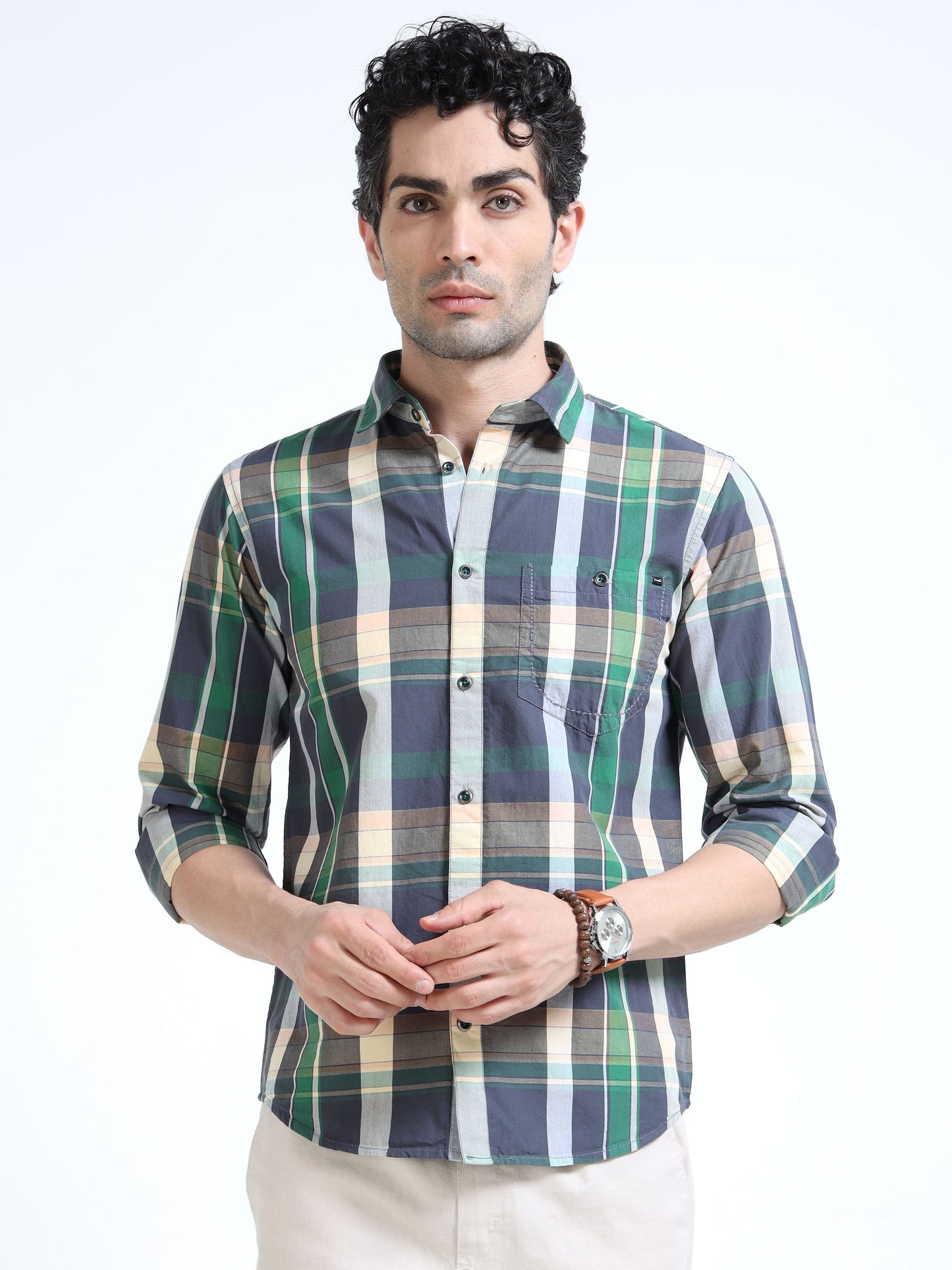 Men’s Green & Beige Multi-Check Cotton Linen Shirt