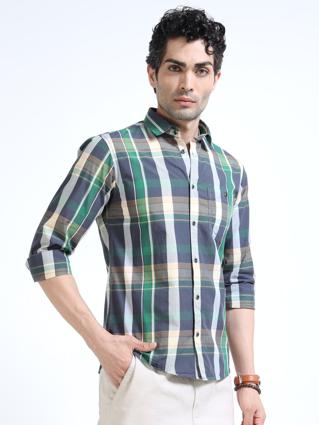 Men’s Green & Beige Multi-Check Cotton Linen Shirt