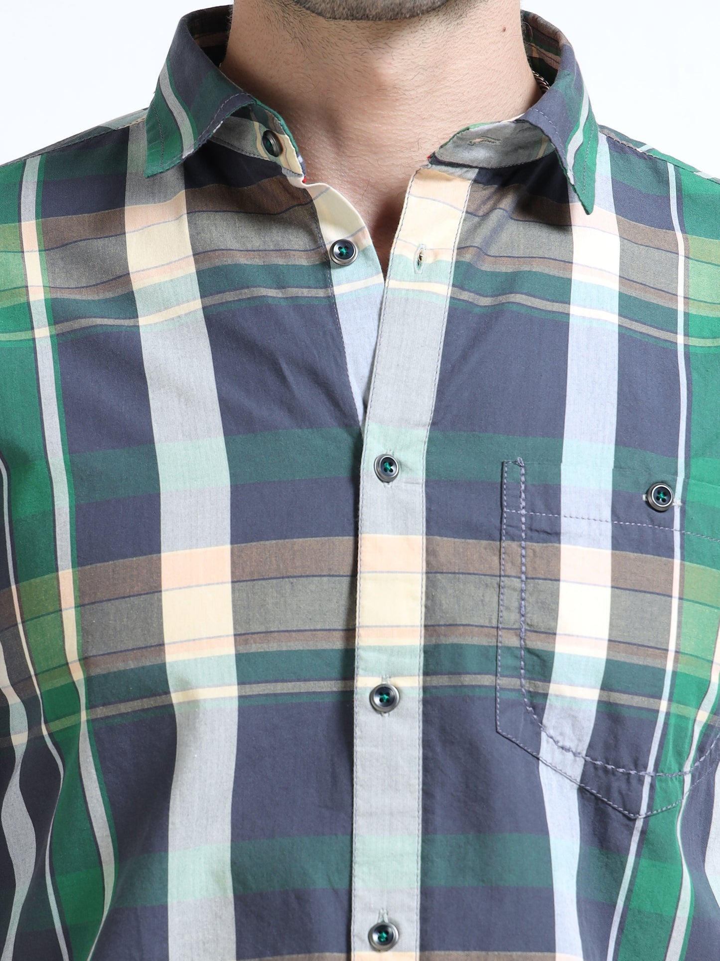 Men’s Green & Beige Multi-Check Cotton Linen Shirt