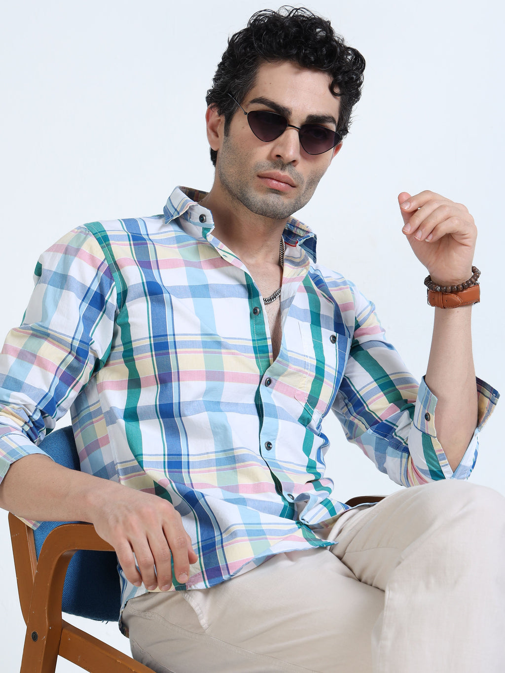 Men’s Sky Blue & White Multi-Check Cotton Linen Shirt