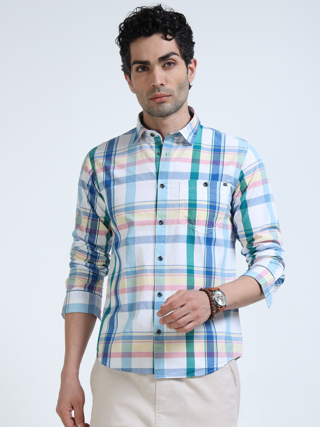Men’s Sky Blue & White Multi-Check Cotton Linen Shirt