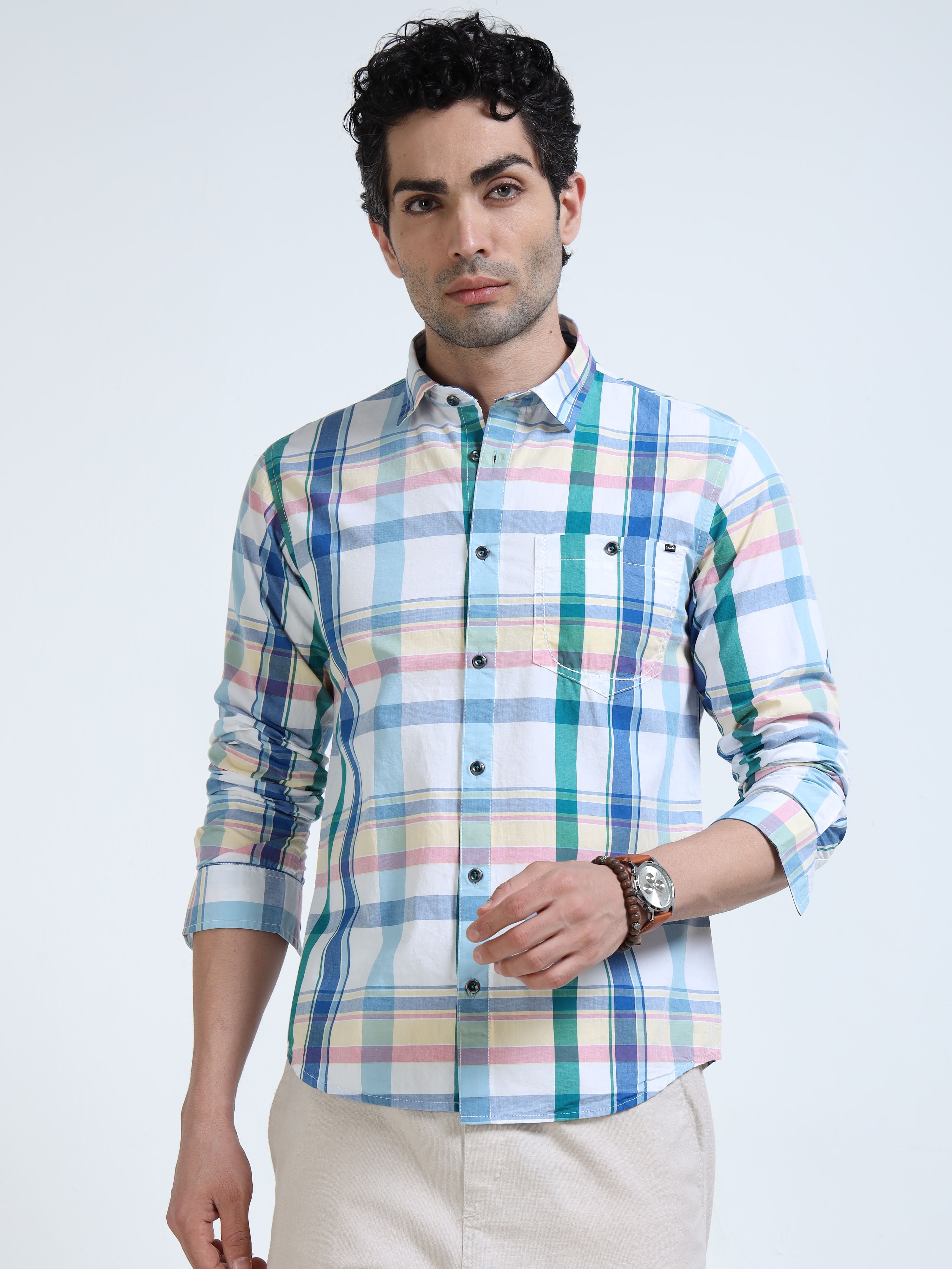 Men’s Sky Blue & White Multi-Check Cotton Linen Shirt