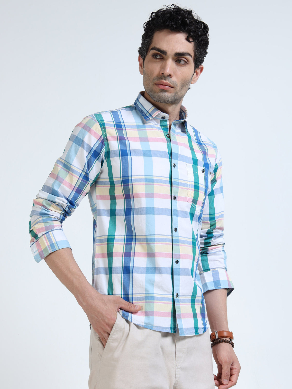 Men’s Sky Blue & White Multi-Check Cotton Linen Shirt