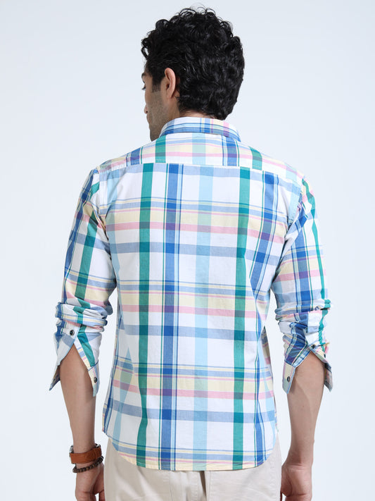 Men’s Sky Blue & White Multi-Check Cotton Linen Shirt