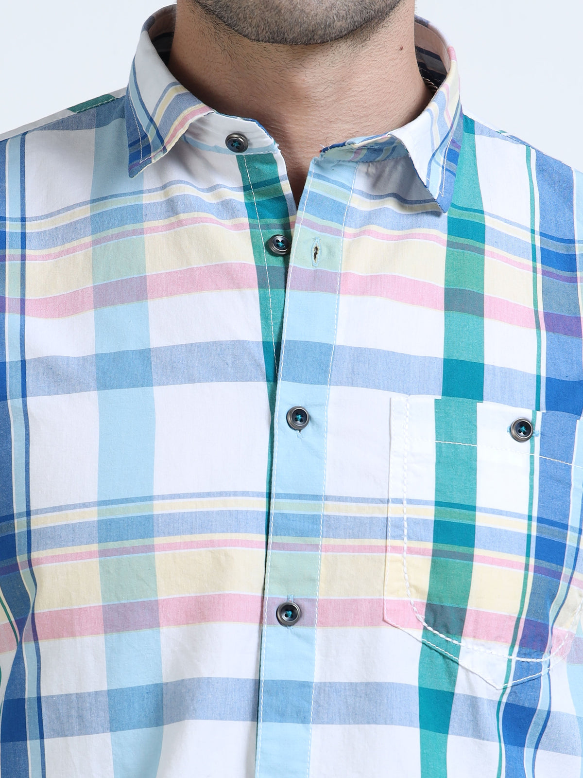 Men’s Sky Blue & White Multi-Check Cotton Linen Shirt