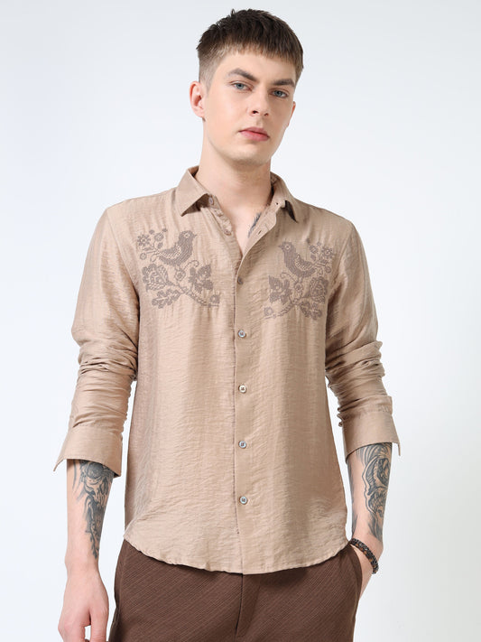Men’s Beige Textured Cotton Casual Shirt with Bird Embroidery Detailing