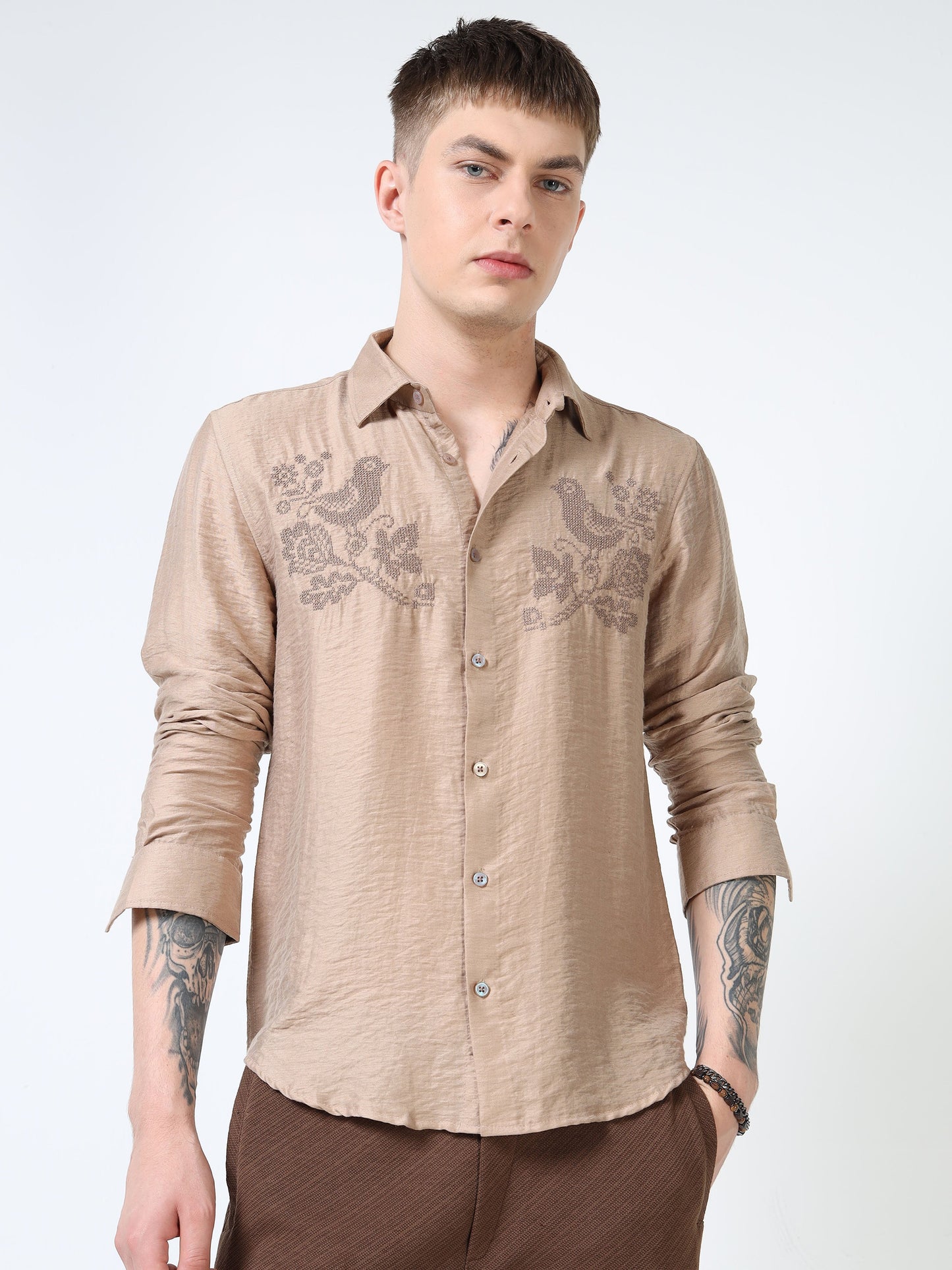 Men’s Beige Textured Cotton Casual Shirt with Bird Embroidery Detailing
