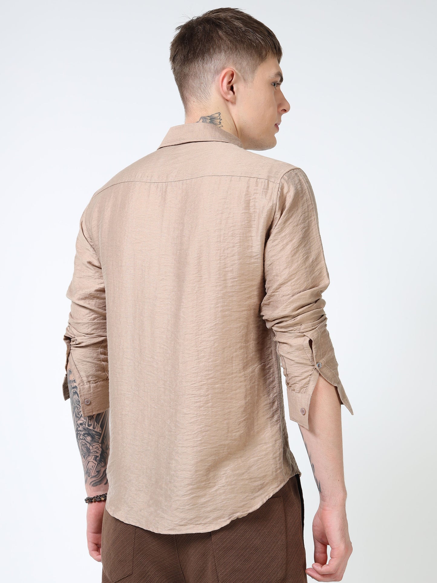 Men’s Beige Textured Cotton Casual Shirt with Bird Embroidery Detailing