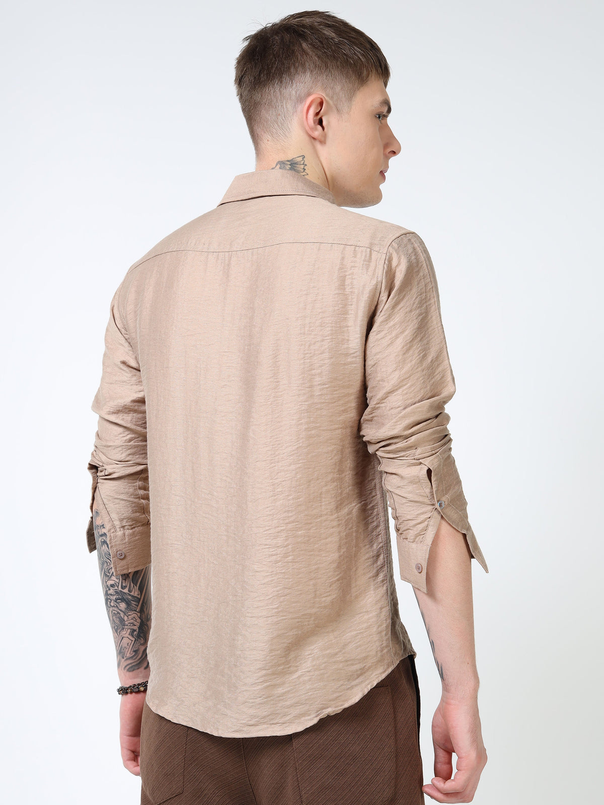 Men’s Beige Textured Cotton Casual Shirt with Bird Embroidery Detailing