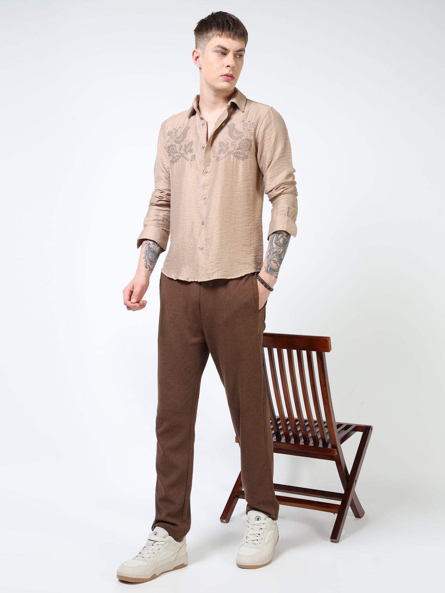 Men’s Beige Textured Cotton Casual Shirt with Bird Embroidery Detailing