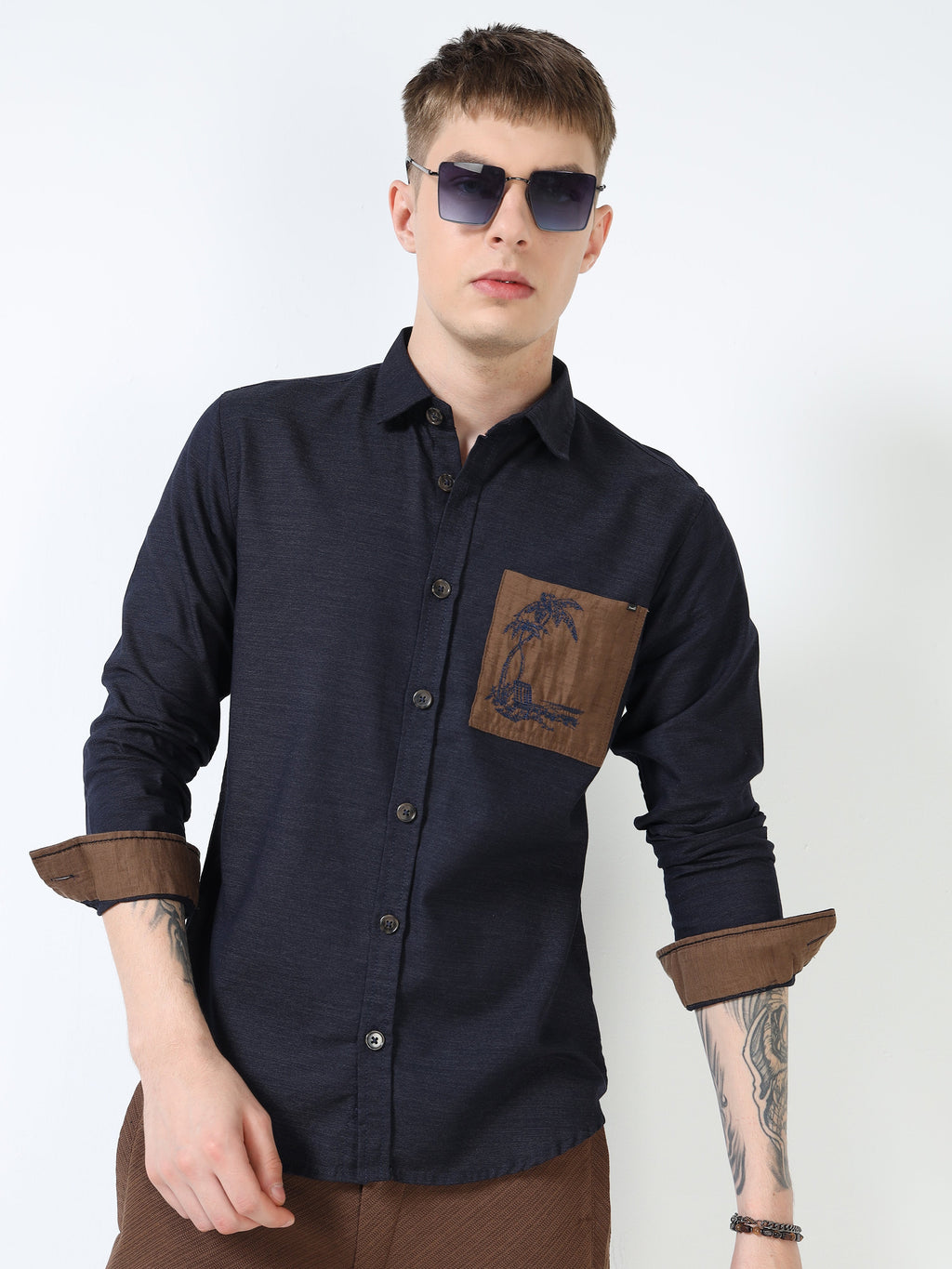 Men’s Navy Blue Cotton Casual Shirt with Contrast Brown Embroidered Pocket