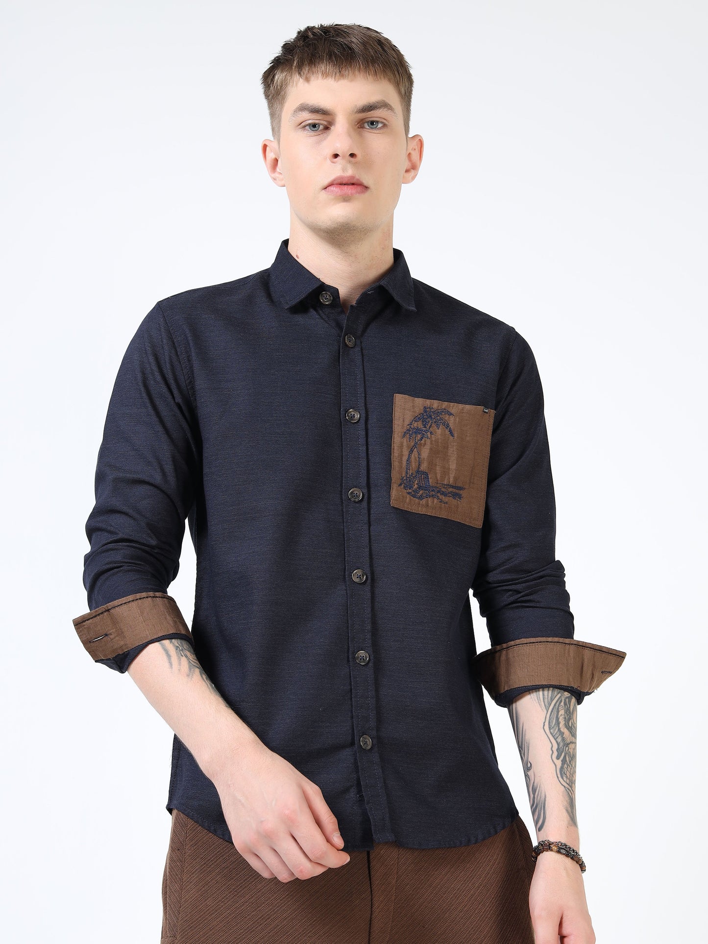 Men’s Navy Blue Cotton Casual Shirt with Contrast Brown Embroidered Pocket