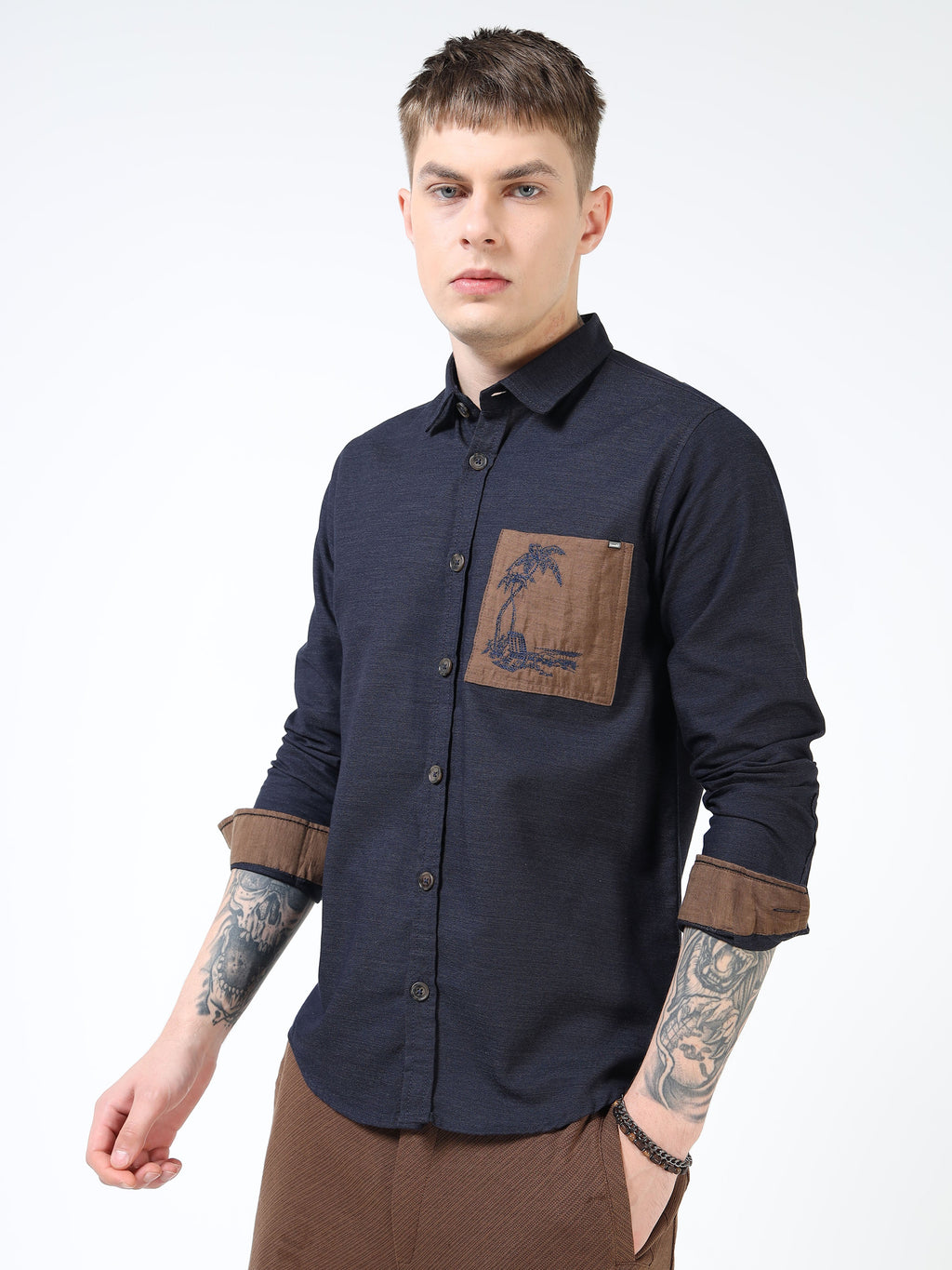Men’s Navy Blue Cotton Casual Shirt with Contrast Brown Embroidered Pocket