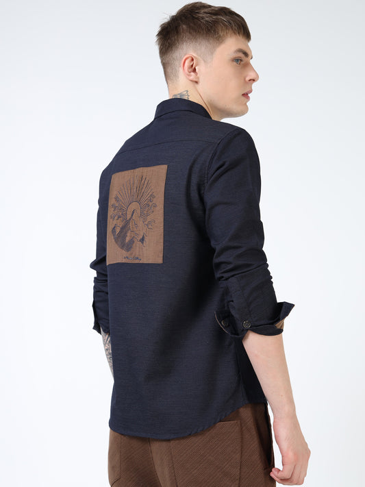 Men’s Navy Blue Cotton Casual Shirt with Contrast Brown Embroidered Pocket